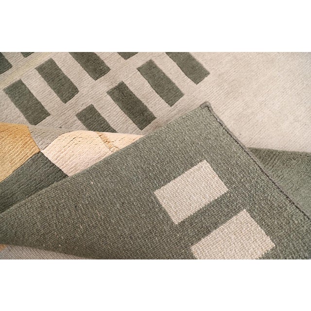 6'x9' Hand-Knotted Modern Arts & Crafts Wool & Silk Geometric Rug in Green, Yellow & Ivory For Sale - Image 9 of 10