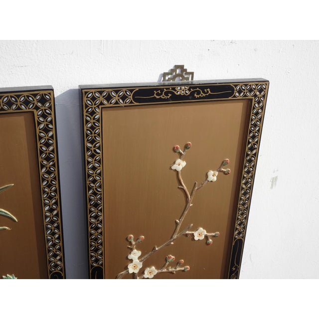 Vintage Oriental Asian Gold Four Panel Screens - Set of 4 For Sale In Los Angeles - Image 6 of 13