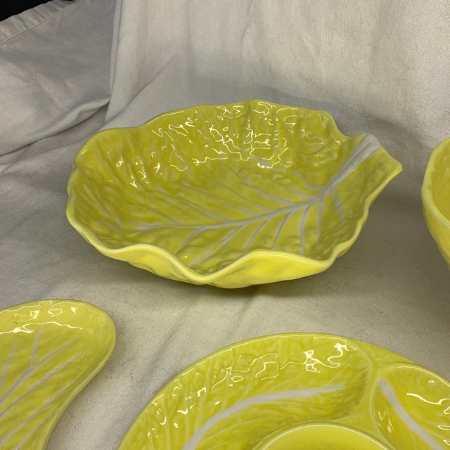 Farmhouse Vintage Secla Yellow Cabbage Leaf Serving Bowl, Relish Dish, and Kidney Plates - Set 5 Pieces For Sale - Image 3 of 6