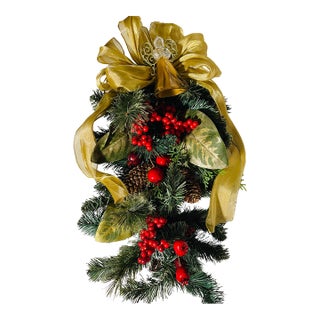 Handmade Christmas Holiday Swag With Gold Blown Glass Angel For Sale