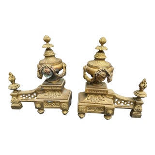 Pair of Antique French Bronze Fireplace Chenet Andirons With Maiden Heads For Sale
