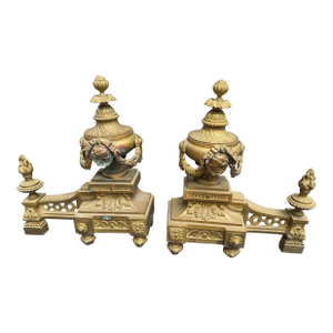 Pair of Antique French Bronze Fireplace Chenet Andirons With Maiden Heads