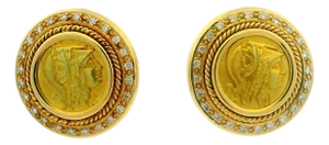 1980s Italian 18k Gold Diamond Earrings With Athena Coin Motif, A Pair