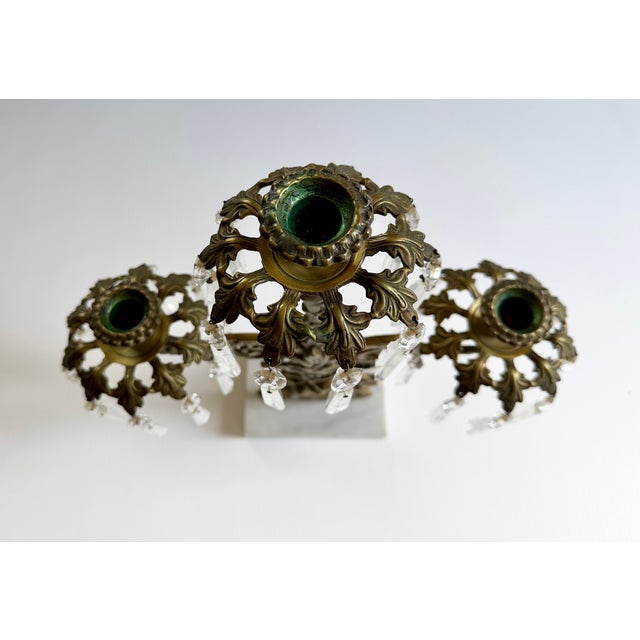Brass Antique Brass Victorian Couple 3 Arm Girandole Candlestick With Marble Base & Prisms For Sale - Image 8 of 17