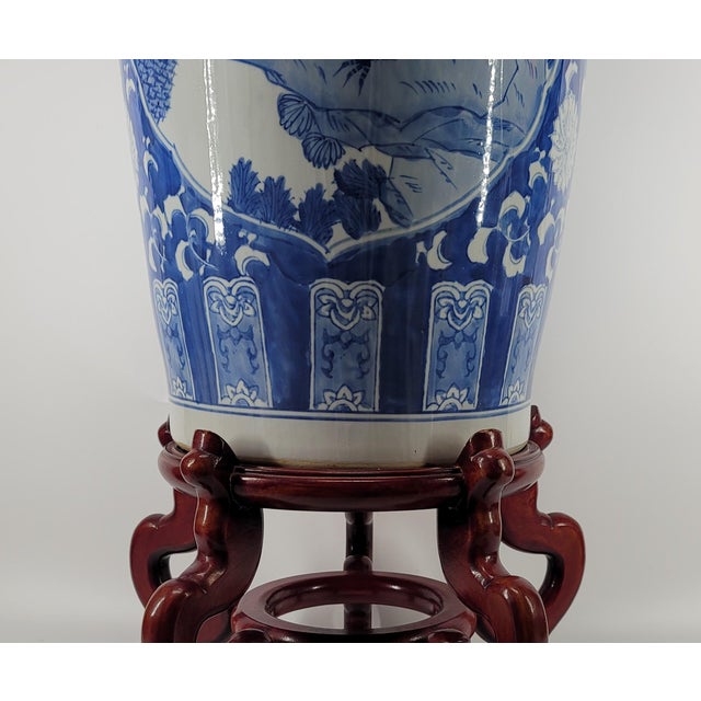 Grand 40" Vintage Blue & White Chinoiserie Floor Vase & Carved Stand For Sale - Image 4 of 17