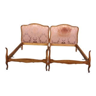 Antique French Louis XV Carved Walnut Twin Size Single Beds - A Pair For Sale
