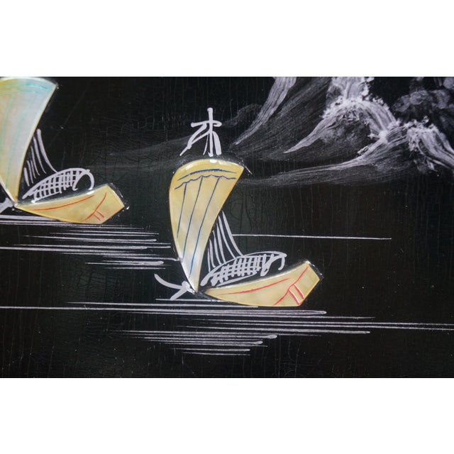 Black Lacquered Mother of Pearl Geisha Garden Courtyard Panels 24" For Sale - Image 12 of 13