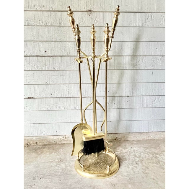 Vintage Solid Polished Brass 5-Piece Fireplace Tool Set 31” Hollywood Regency Good vintage condition. No damage. Slight...