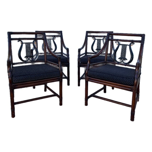 Vintage PTMC Bamboo Rattan Lyre-Back Armchairs For Sale
