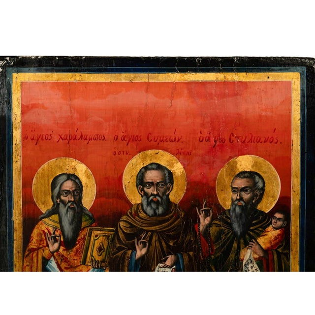 Antique Greek Eastern Orthodox Religious Painted Icon Egg Tempera 3 Saints 1780 For Sale - Image 4 of 15