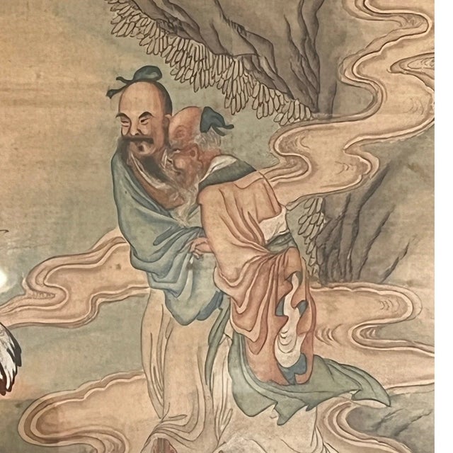 Antique Chinese Republic Painting Silk Daoist Immortals Crane Hua Yan Style For Sale - Image 4 of 6