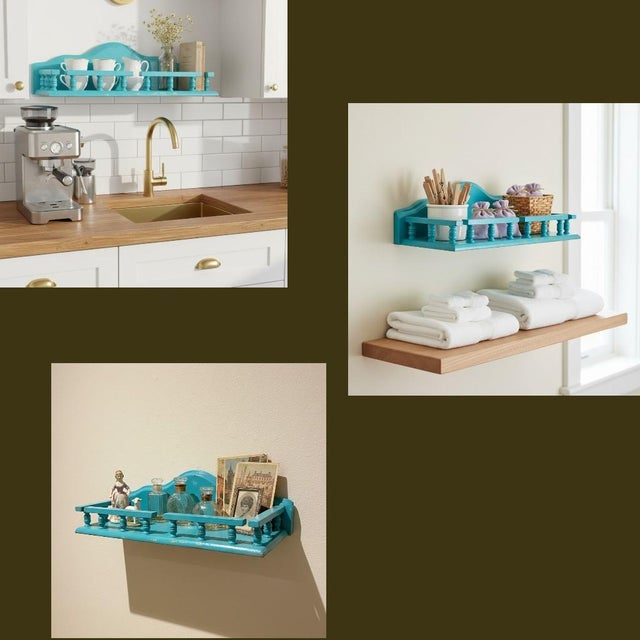 Vintage Teal Wood Wall Shelf-Cottage-Farmhouse Display-Bathroom-Kitchen-Coastal For Sale - Image 11 of 11