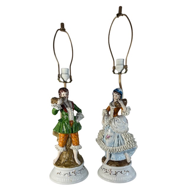 Vintage Porcelain Figural Lamp Young Man & Woman- A Pair For Sale - Image 9 of 16
