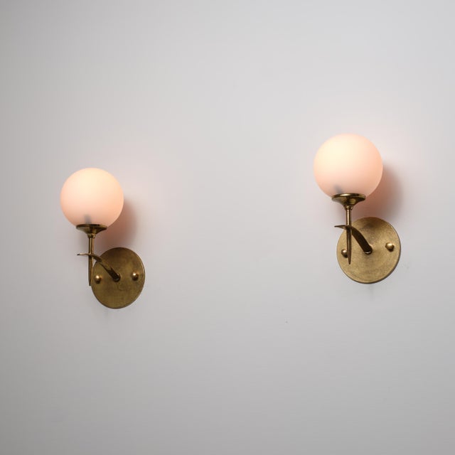 Vintage Italian Wall Sconces in Brass and Opaline Glass, 1950s, Set of 2 For Sale - Image 9 of 10