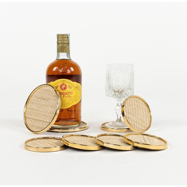 1970s Mid-Century Modern Barware Coasters in Brass and Rope, Italy, 1970s, Set of 8 For Sale - Image 5 of 14
