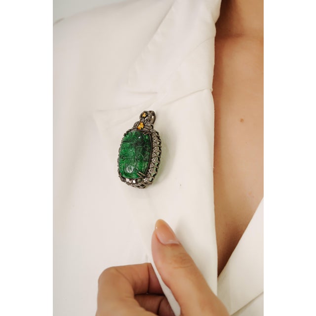 Green Handcrafted Vintage 20.85 Ct Aventurine Brooch Pendant With Diamond Accents For Sale - Image 8 of 12