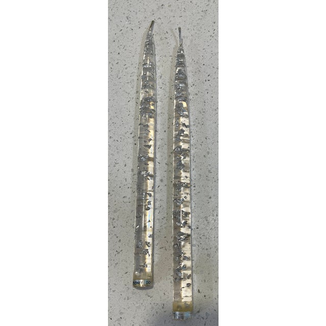Vintage pair of Lucite taper "candles" embedded with silver foil flakes. These are for decorative purposes only - and...