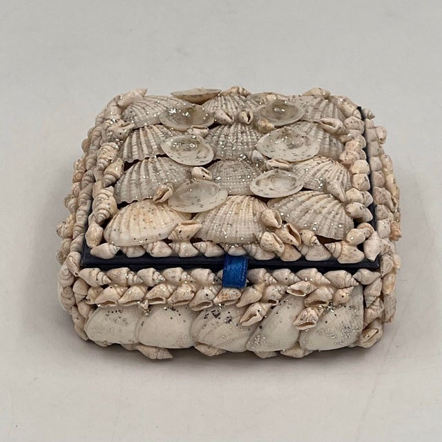 Shabby Chic Vintage Coastal Sailors Valentine Shell Encrusted Trinket Box Blue Interior For Sale - Image 3 of 9