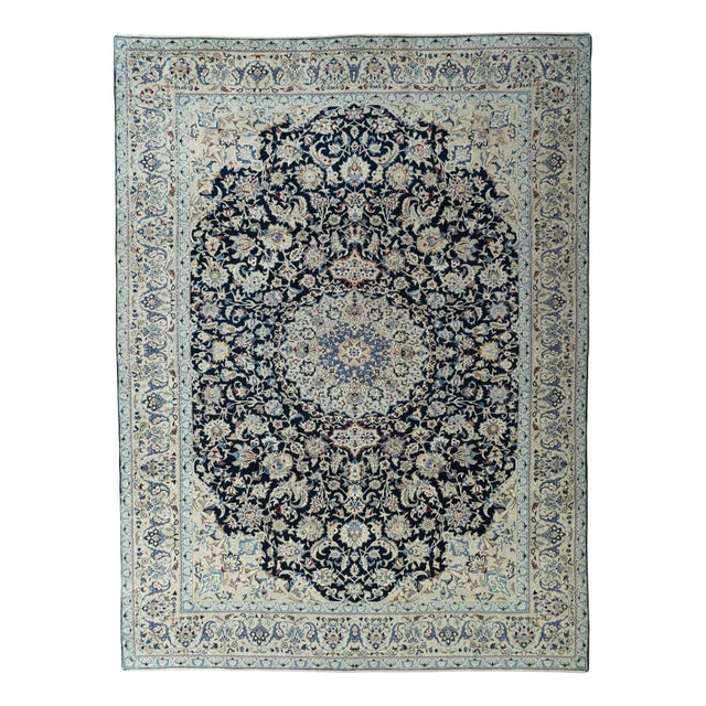 Hand-Knotted Nain 9LA Rug with Silk in Dark Blue For Sale