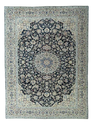 Hand-Knotted Nain 9LA Rug with Silk in Dark Blue