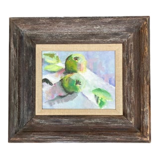 1980’s Vintage Impressionist Still Life Painting With Green Apples Modernist Wood Frame For Sale
