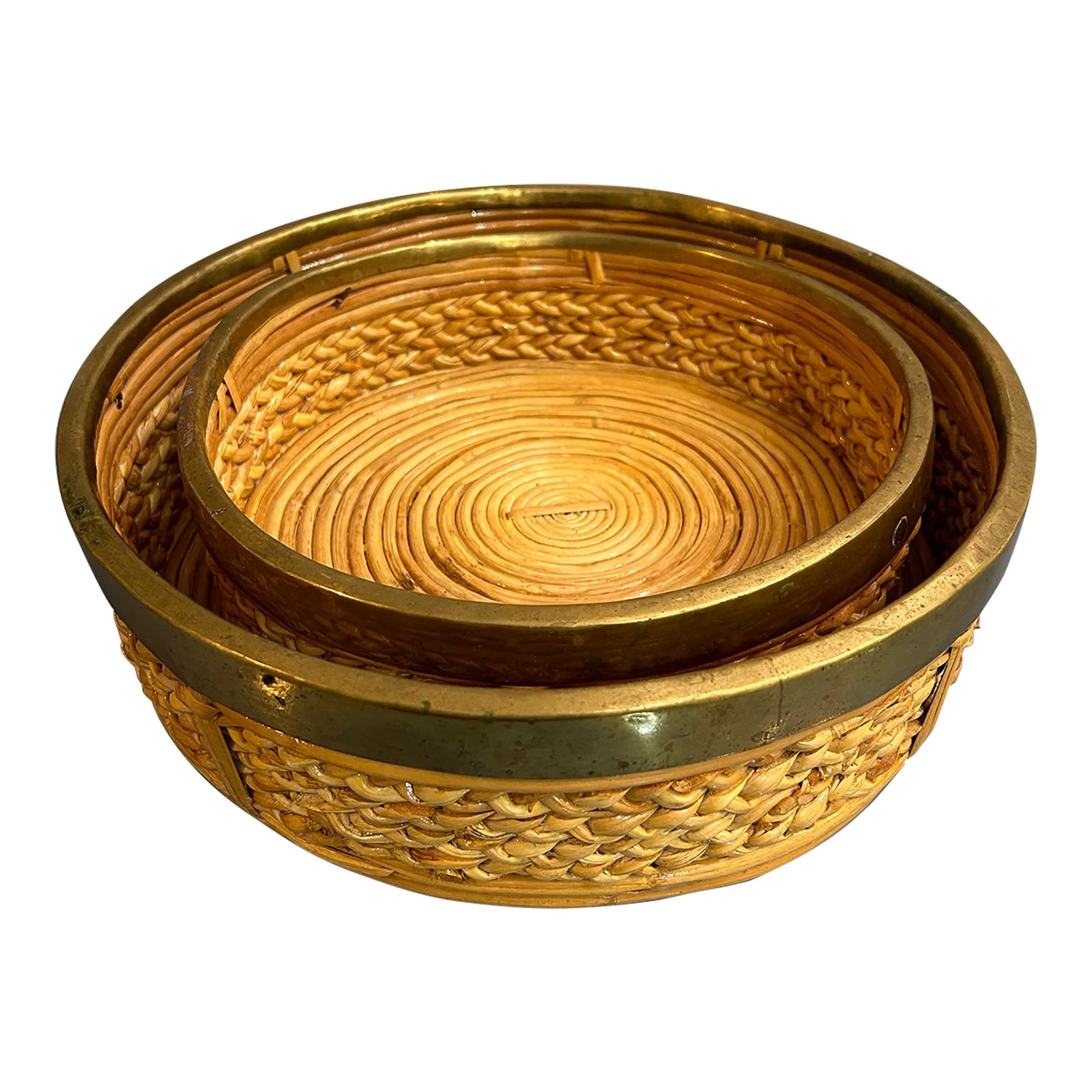 Vintage 1970’s Pencil Reed and Brass With Woven Rattan Bowls in the ...
