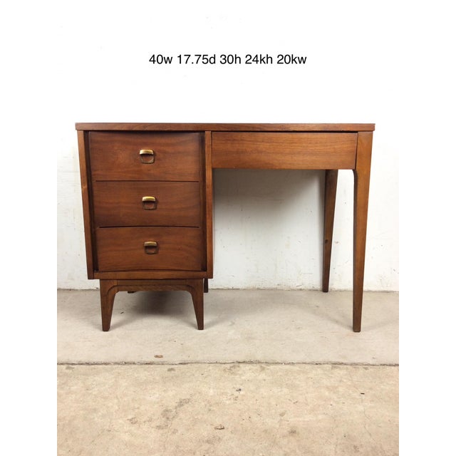 Mid Century Modern Four Drawer Writing Desk With Curved Drawer Fronts and Brass Hardware For Sale - Image 11 of 11