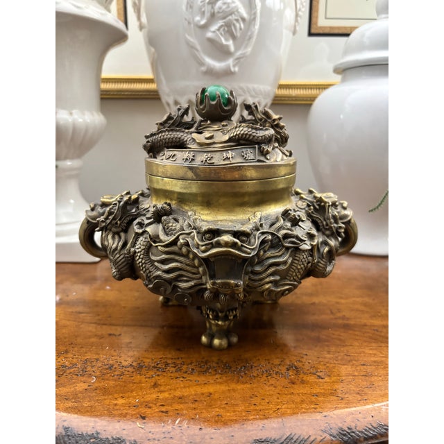 Ornate Mid 20th Century Cast Brass Chinese Incense Burner Censer With Dragons and Fu Dogs and Green Stone Finial For Sale - Image 4 of 12