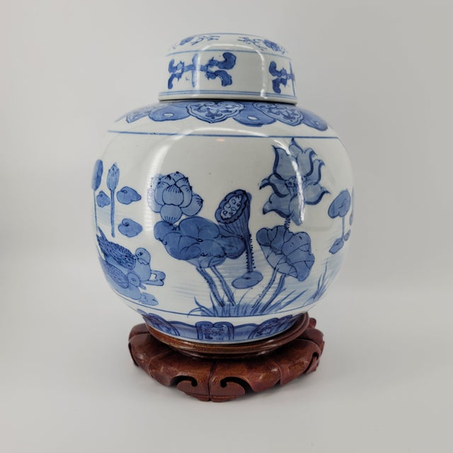 Chinese Mid-20th Century Blue and White Chinese Porcelain Ginger Jar With Lotus & Mandarin Duck Motif - 2 Pieces For Sale - Image 3 of 12