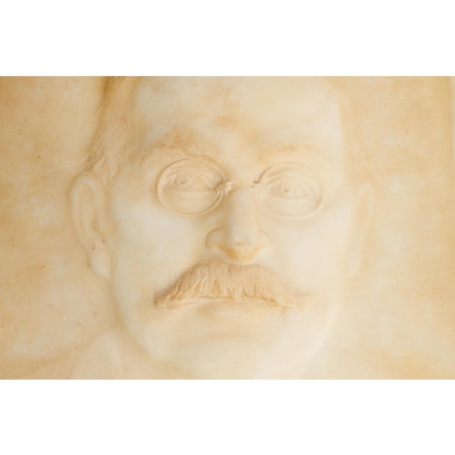 Antique White Stately Antique Carved Marble Portrait Plaque Man Glasses Mustache Artist Signed Austrian Home Decor Art Sculpture For Sale - Image 8 of 16
