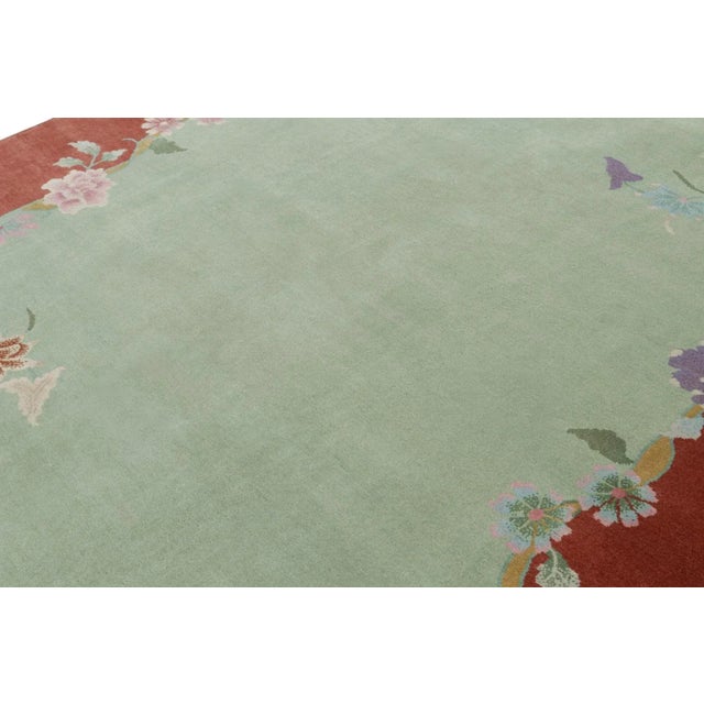 Rug & Kilim Rug & Kilim’s Chinese Art Deco Style Rug in Green and Red With Floral Patterns For Sale - Image 4 of 7