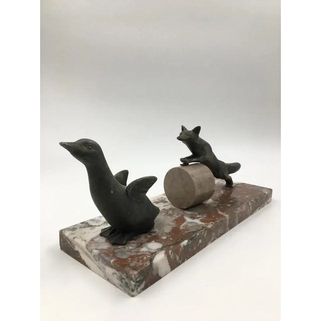 French Art Deco Spelter on Marble Sculpture of Fox Hunting Goose in the style of Irénée Rochard, 1920s For Sale - Image 6 of 6