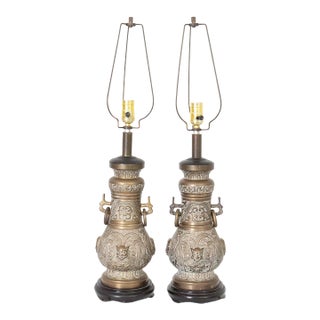 Pair Cast Bronze James Mont Style Lamps For Sale