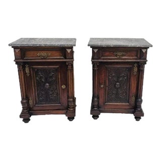 Antique Pair of 1890s French Black Marble Top Nightstands / End Tables / Bedside Tables For Sale