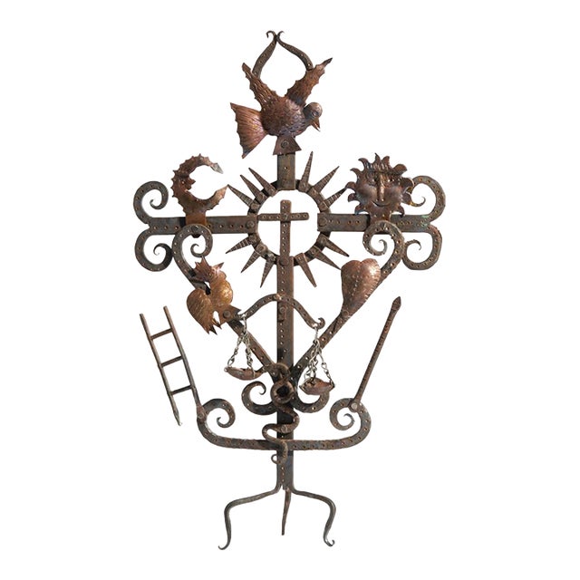 Vintage Guadalupe Hermosillo Escobar of Chiapas Hand Forged Wrought Iron Rooftop Cross For Sale