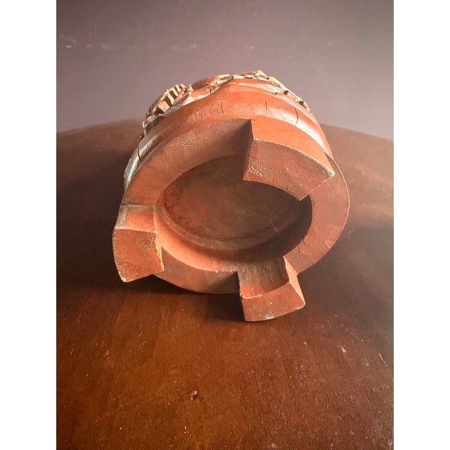 Early 20th Century Chinese Very Unusual and Rare Carved Wood Foo Dog /Dragon Sculpture Sang De Boeuf Red With Gold Highlighting. For Sale - Image 5 of 10