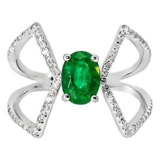 14K White Gold Emerald Diamond Wire Ring Estate by EFFY For Sale