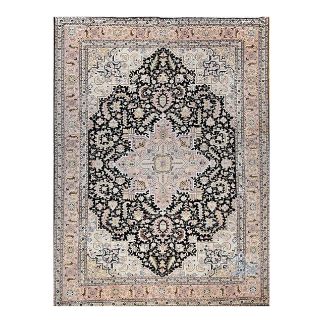 Fine Persian Tabriz Rug, Hand-Knotted Wool & Silk, Geometric Heriz Pattern, Black & Ivory, 7x10 For Sale