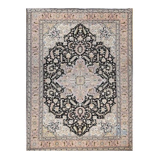 Fine Tabriz Rug, Hand-Knotted Wool & Silk, Geometric Heriz Pattern, Black & Ivory, 7x10 For Sale