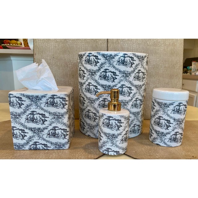 Italian 1980s Labrazel Ceramic Bath Set, Black/Cream Toile Made in Italy, Wastebasket, Tissue Holder, Soap Dispenser, Covered Jar - 4 Piece Set For Sale - Image 3 of 8