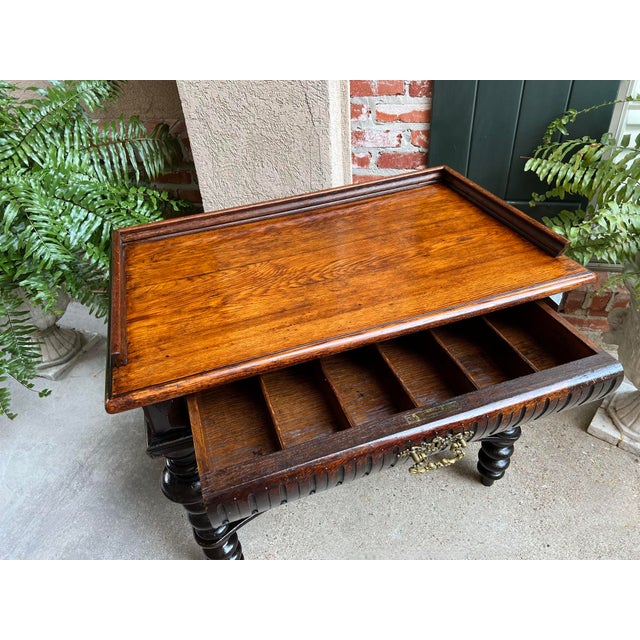 Brown Antique English Hall Sofa Table Sideboard Carved Oak Bobbin Leg C1910 For Sale - Image 8 of 12