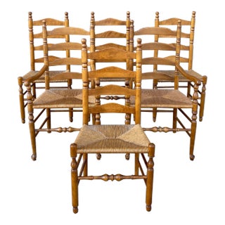 Vintage American Traditional Heirloom Maple Ladder Back Dining Chairs With Rush Seats - Set of 6 For Sale
