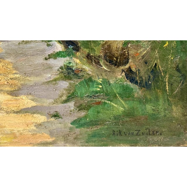 This landscape scene depicts a sandy path winding between grassy dunes, leading to a few houses hidden behind a curtain of...