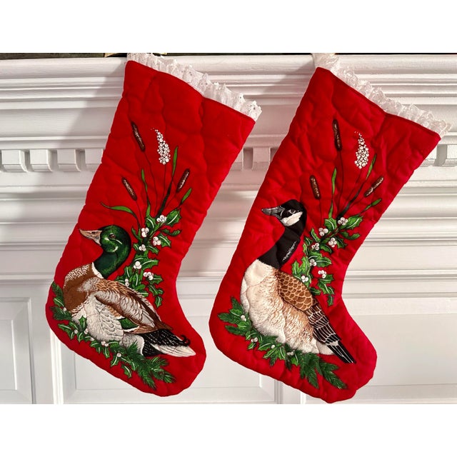 1980’s vintage quilted Christmas stockings with a mallard on one and a goose on the other. The same artwork is depicted on...