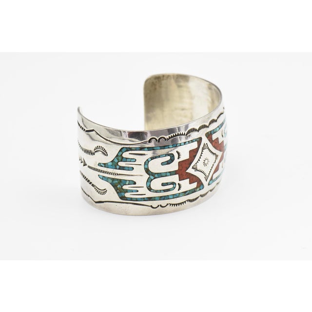 Metal Late 20th Century Gibson Gene Navajo Sterling Silver Turquoise Inlay Cuff Bracelet For Sale - Image 7 of 9