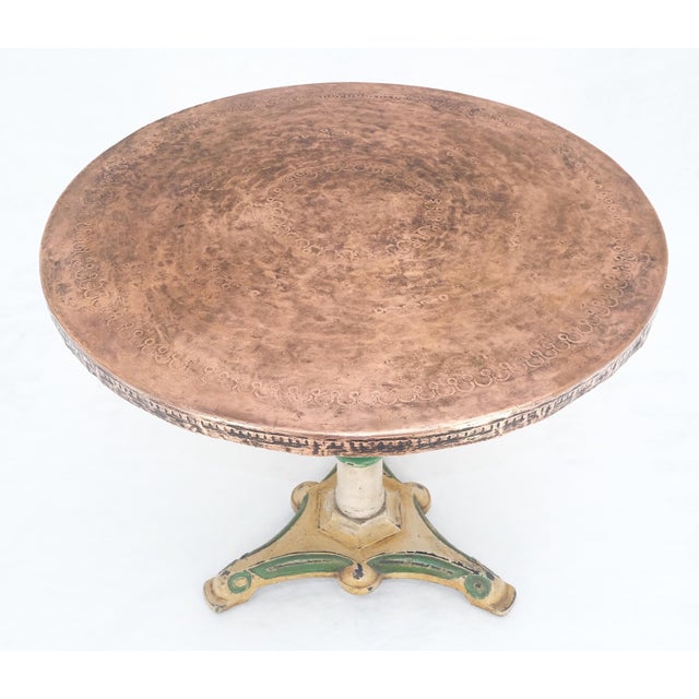 Mid 20th Century Copper 33" Dia Round Top Gueridon Center Cafe Table on Paint Decorated Iron Base For Sale - Image 5 of 12