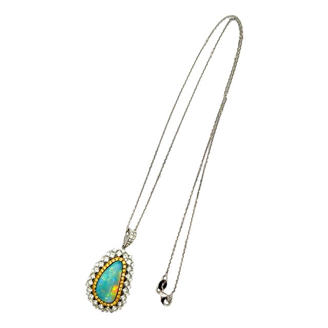 3.86 Carat Boulder Opal Diamond 18k White Yellow Gold Halo Pendant and Necklace For Sale