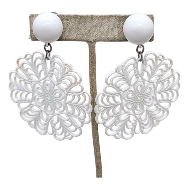 Vintage 1960s Signed Napier White Lucite Cut Out Drop Clip Earrings For Sale