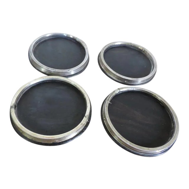 19th Century Dutch Neoclassical Silver & Ebony Hardwood Wine Coasters - Set of 4 For Sale