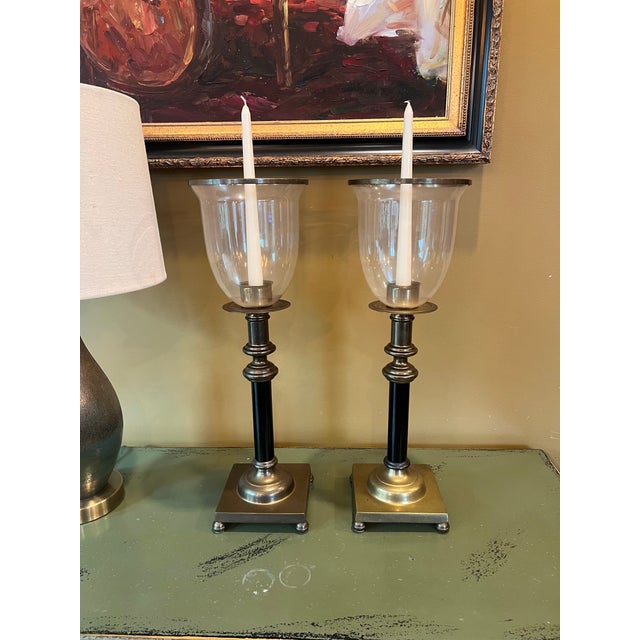Regency Style Brass Hurricane Lamps, Neoclassical Candlesticks With Glass Shades For Sale - Image 4 of 10